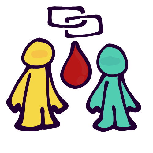 Drawing of two featureless people, one yellow and one teal, standing next to each other. In between them are two linked chains with a drop of blood below.